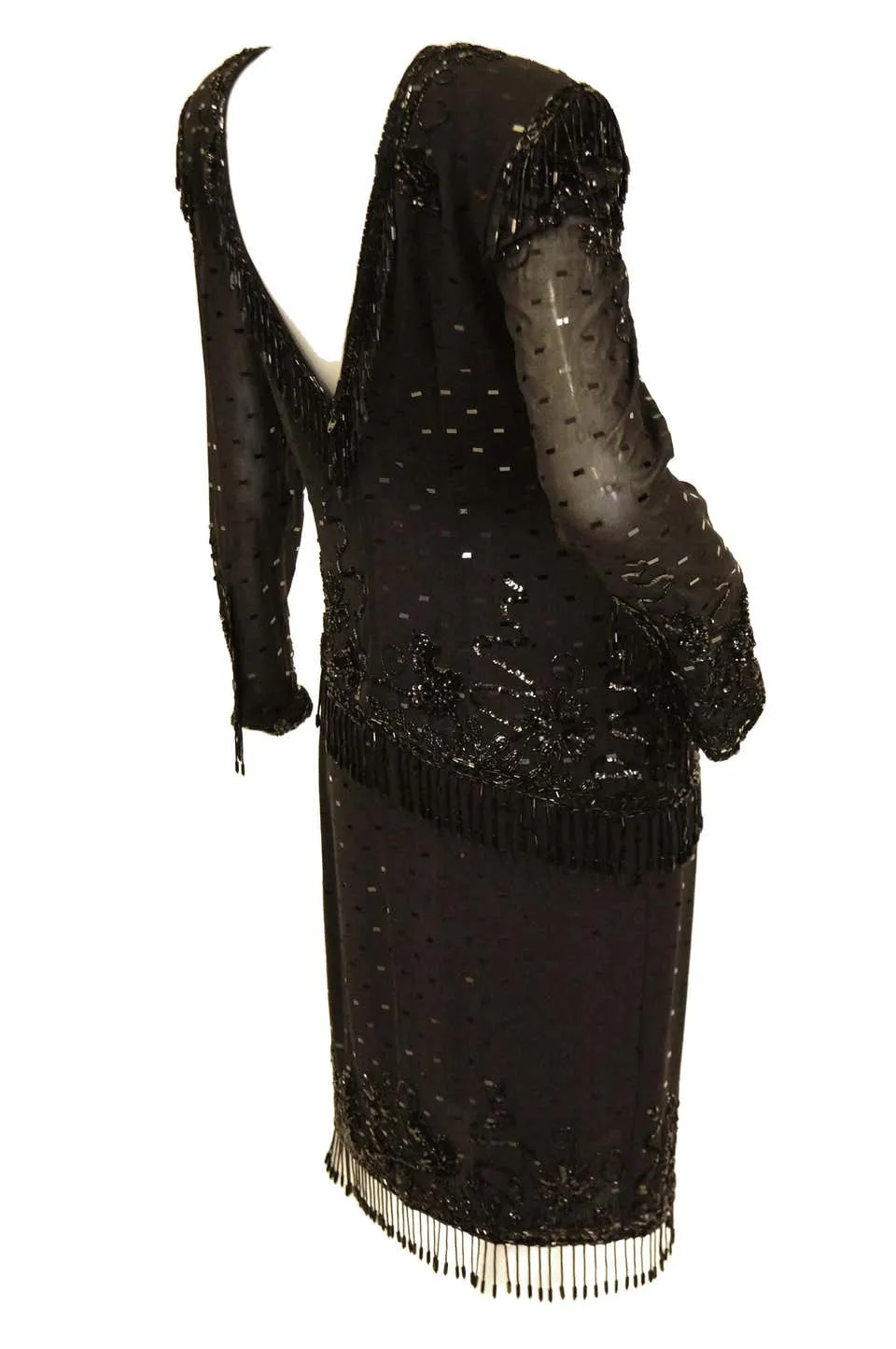 1980s Fabrice Black Silk Cocktail Dress with Floral Beading and Tassel