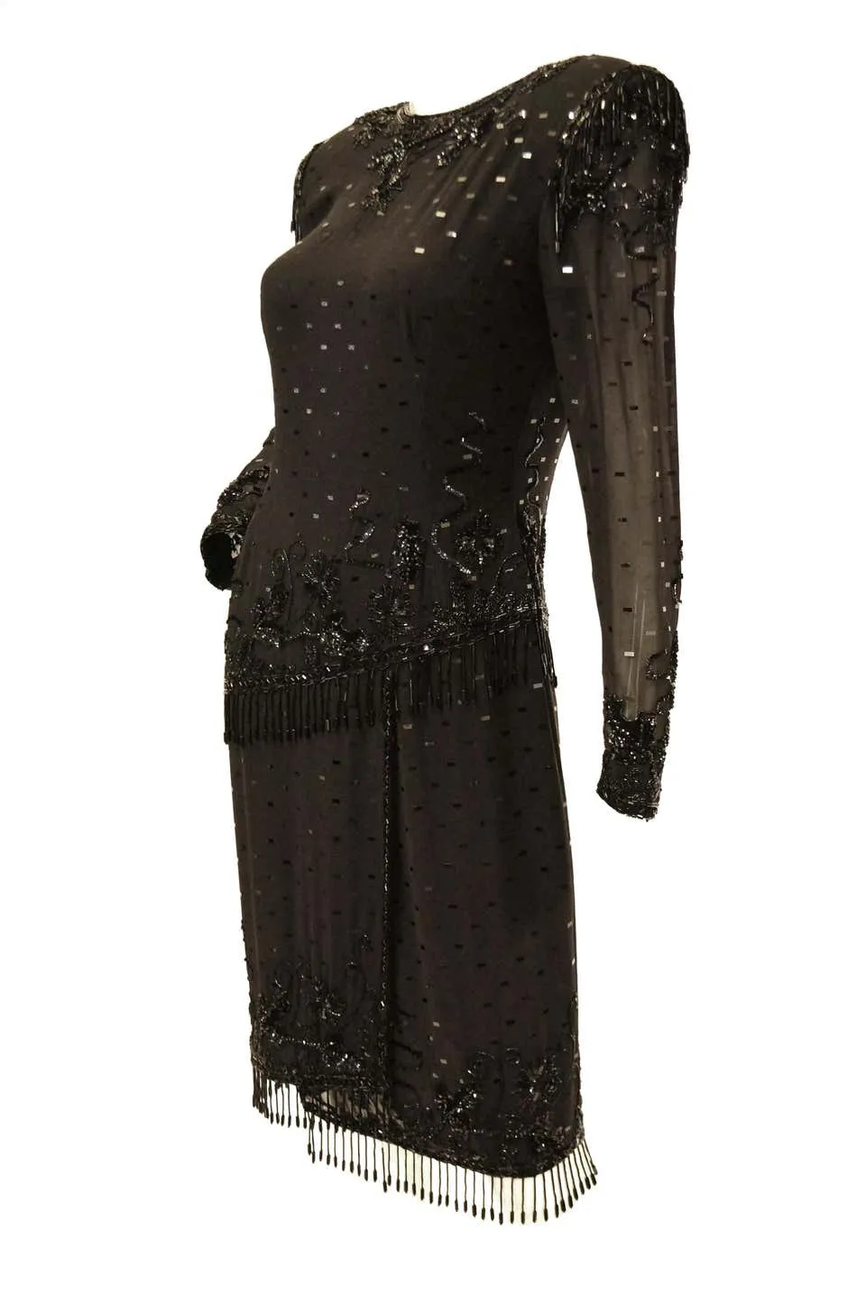 1980s Fabrice Black Silk Cocktail Dress with Floral Beading and Tassel