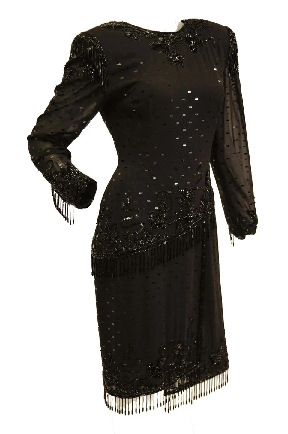 1980s Fabrice Black Silk Cocktail Dress with Floral Beading and Tassel