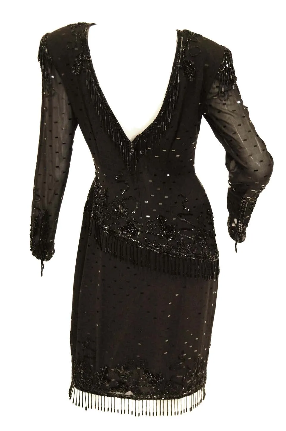 1980s Fabrice Black Silk Cocktail Dress with Floral Beading and Tassel