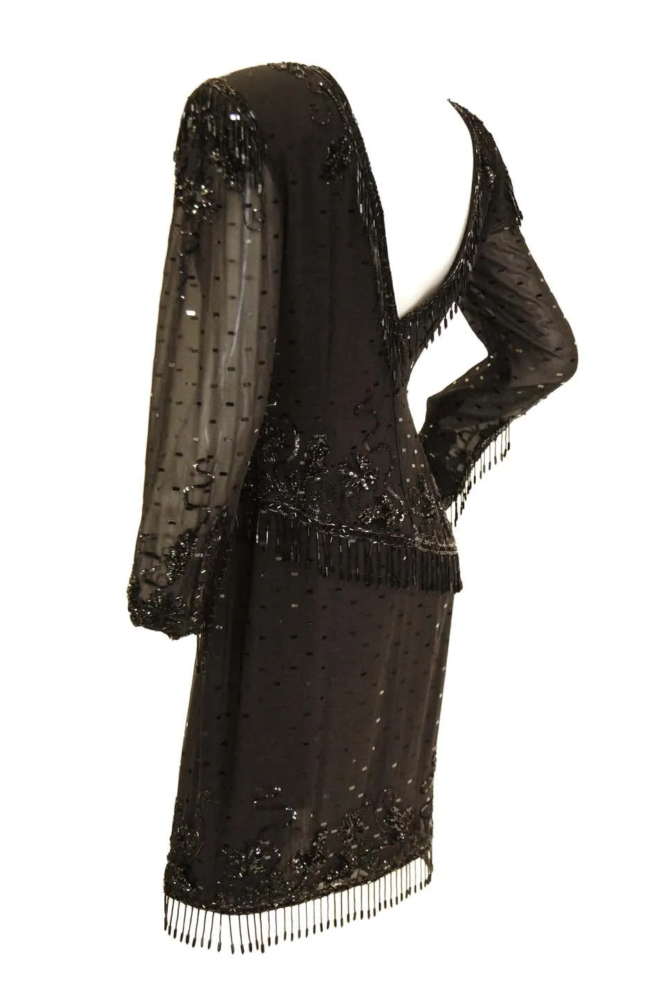 1980s Fabrice Black Silk Cocktail Dress with Floral Beading and Tassel