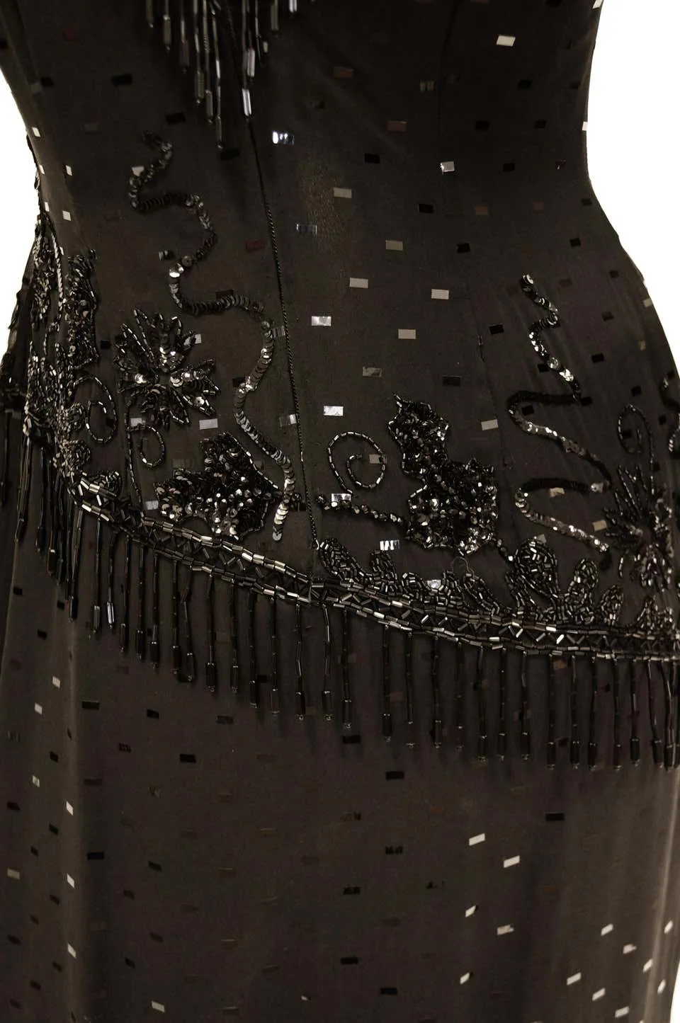 1980s Fabrice Black Silk Cocktail Dress with Floral Beading and Tassel