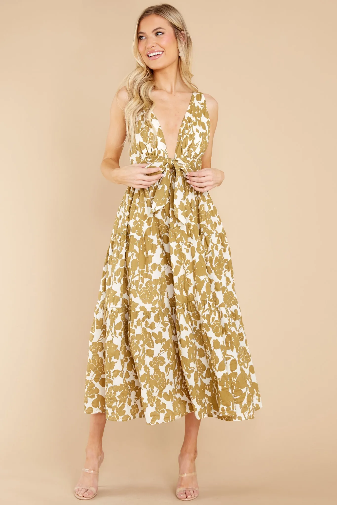 Always Authentic Ivory And Tan Floral Print Dress