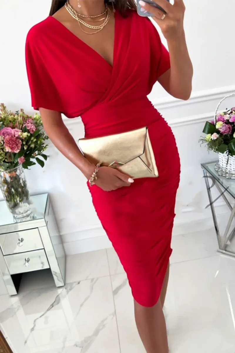 Bat Sleeve V Neck Ruched Midi Dress