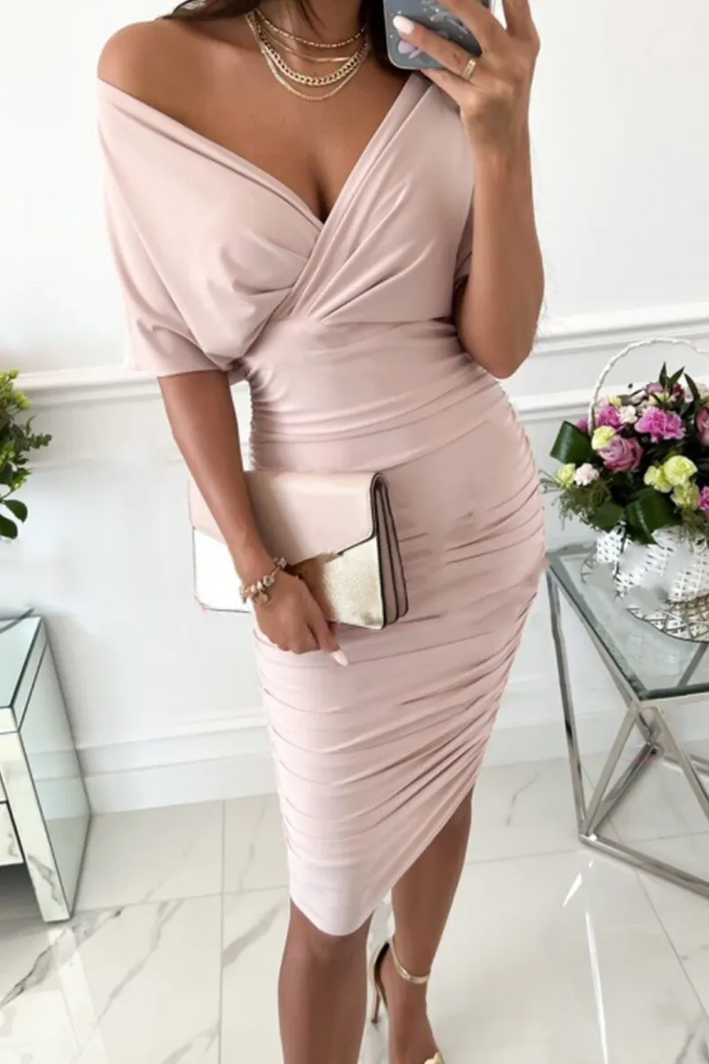 Bat Sleeve V Neck Ruched Midi Dress