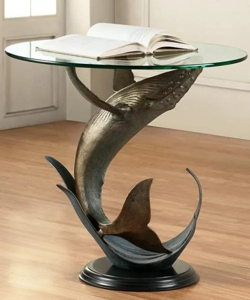 Breaching Whale Glass Top Coastal Accent Table