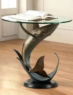 Breaching Whale Glass Top Coastal Accent Table