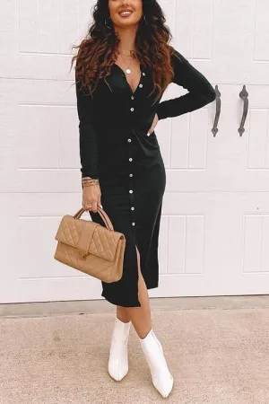 Button Twist Waist Long Sleeve Dress