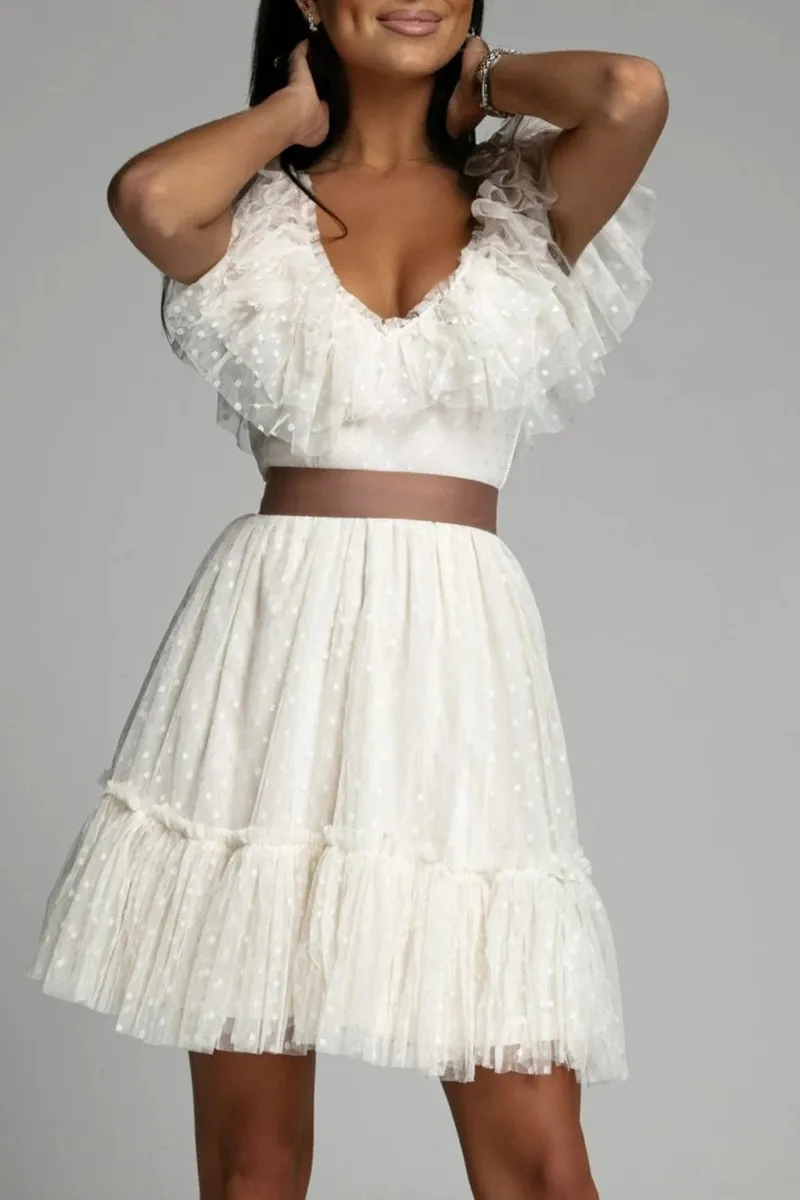 Dot Mesh V Neck Cake Skirt Dresses