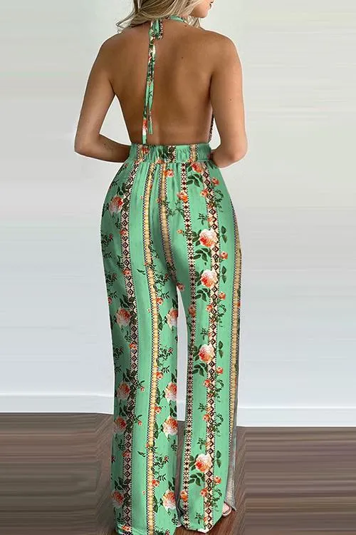 Floral Print Backless Slit Slip Jumpsuits