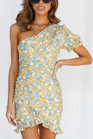 Floral Ruffles One Shoulder Mini Dress