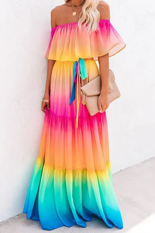 Gradient Off Shoulder Belted Maxi Dress