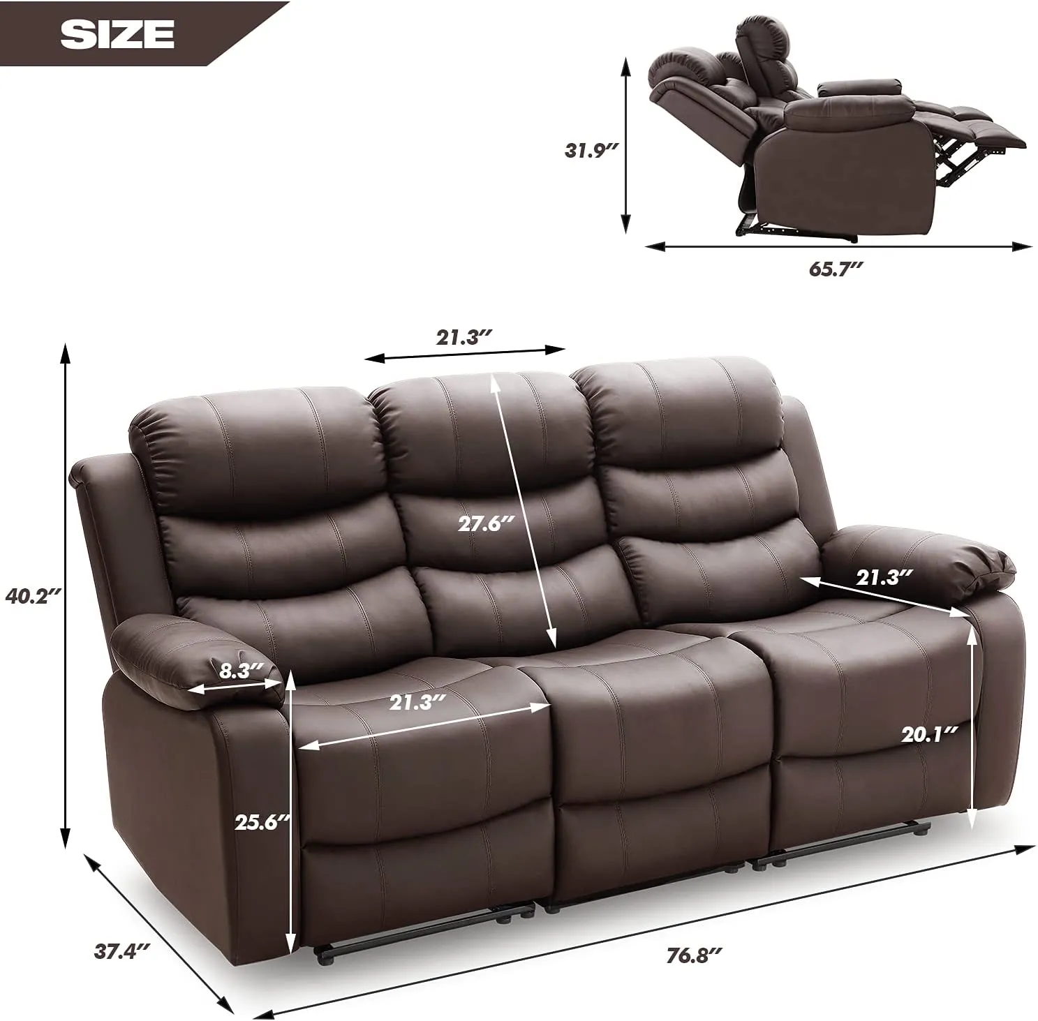 Homrest 3-Seater Manual Recliner Chair Set Home Theater Seating Reclining Sofa Couch, Brown