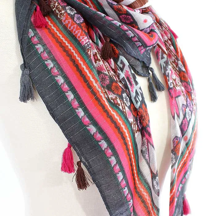 JZ-18-GREY Zebra Print Square Tassel Scarf