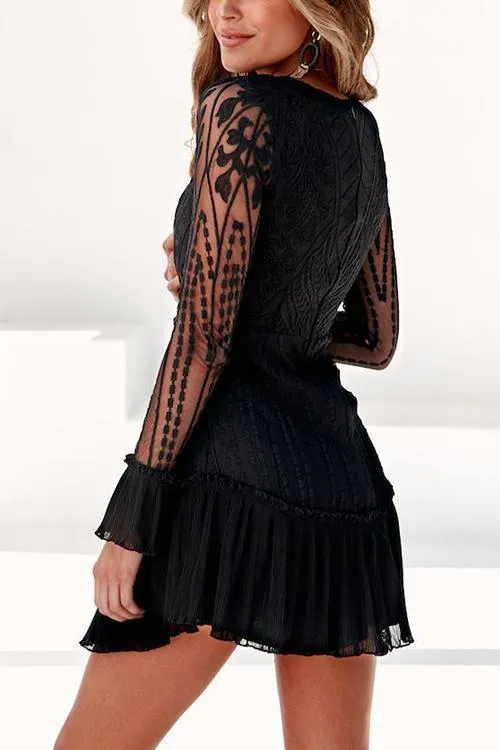 Lace Pleated Long Sleeve Ruffle Dress