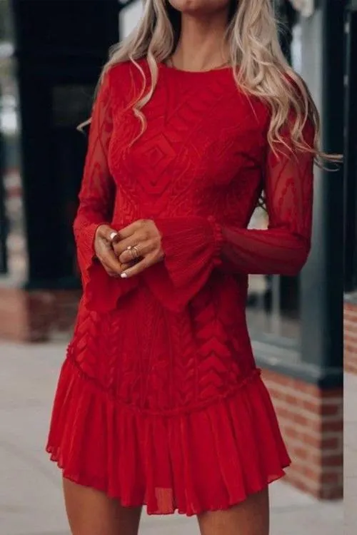 Lace Pleated Long Sleeve Ruffle Dress