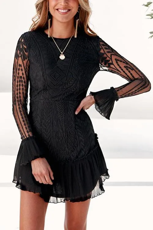 Lace Pleated Long Sleeve Ruffle Dress