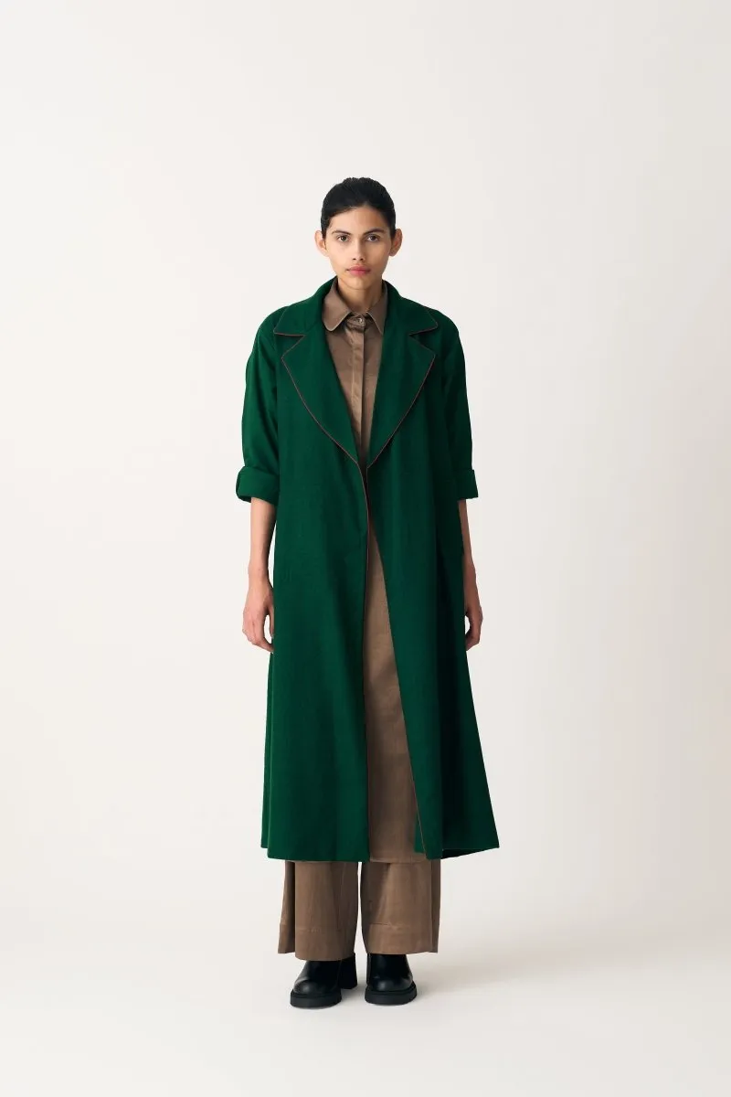 Notch Collar Woollen Trench Overlay Co-ord - Emerald Green (Set of 3)