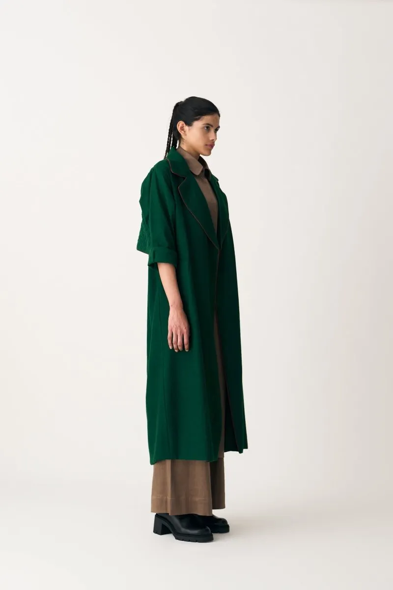 Notch Collar Woollen Trench Overlay Co-ord - Emerald Green (Set of 3)