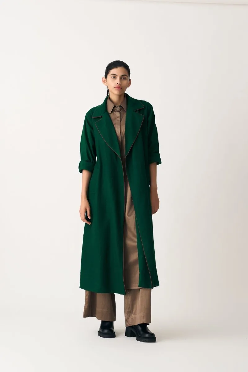 Notch Collar Woollen Trench Overlay Co-ord - Emerald Green (Set of 3)