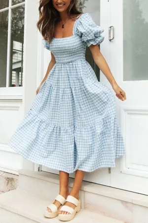 Plaid Square Neck Puff Sleeve Midi Dress