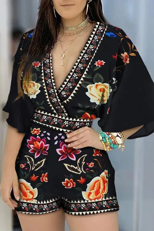 Print V Neck Bat Romper