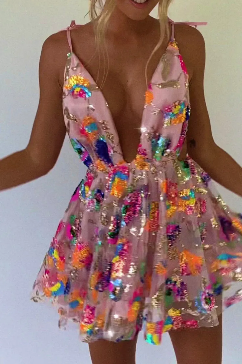 Rainbow Sequin Open Back Slip Mini Dress