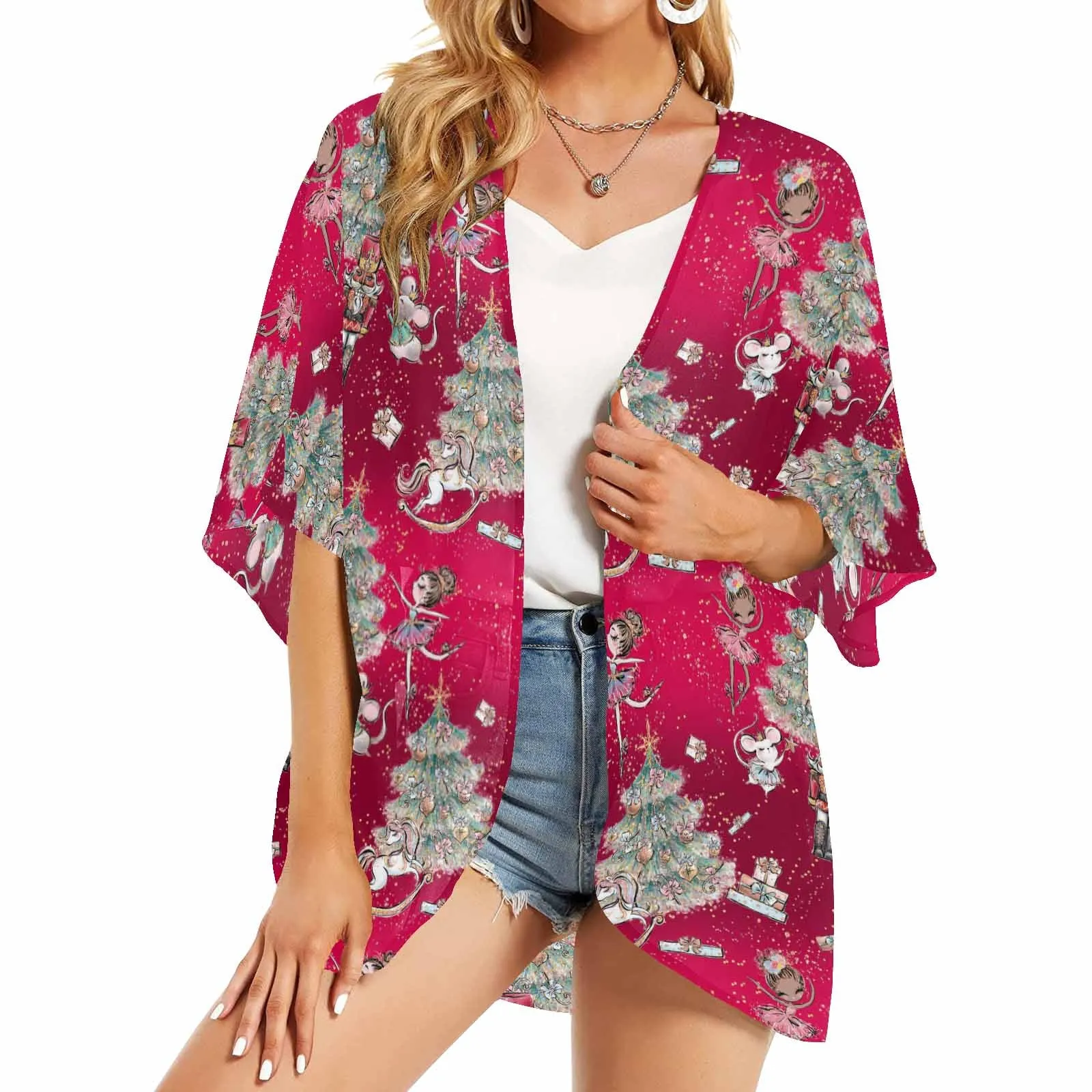 Red Christmas  Women's Kimono Chiffon Cover Up