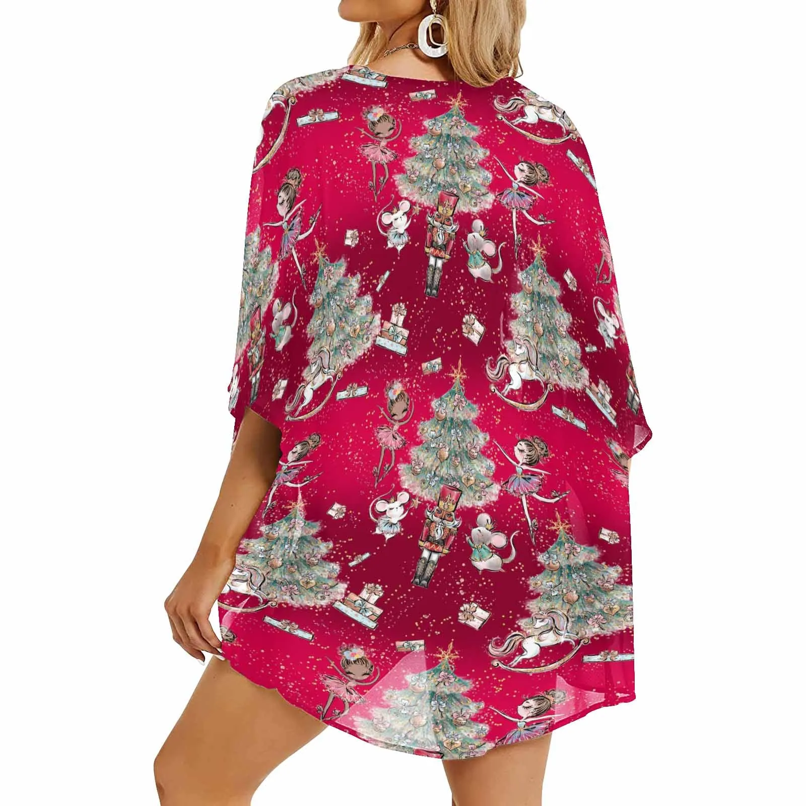 Red Christmas  Women's Kimono Chiffon Cover Up