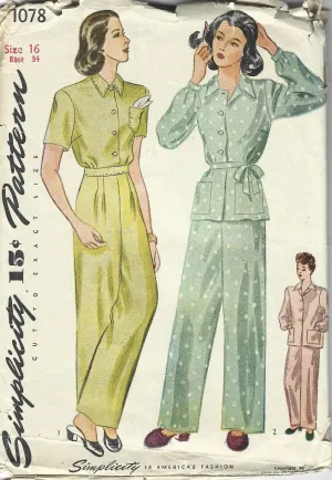 Simplicity 1078 Ladies Two Piece Pajamas Lingerie Vintage Sewing Pattern 1940s Unprinted