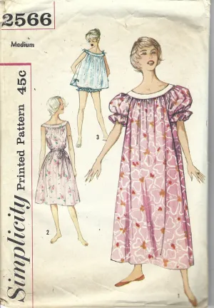 Simplicity 2566 Muu Muu Nightgown Shortie Pajamas Panties Lingerie Vintage Pattern 1950s