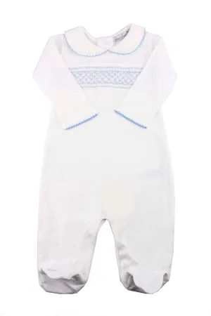 Smocked Cotton Pajama Pima Cotton White and Blue