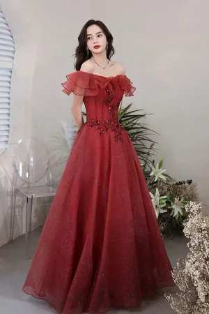 solvbao Burgundy Off the Shoulder Tulle Long Formal Dresses, A-Line Evening Dresses