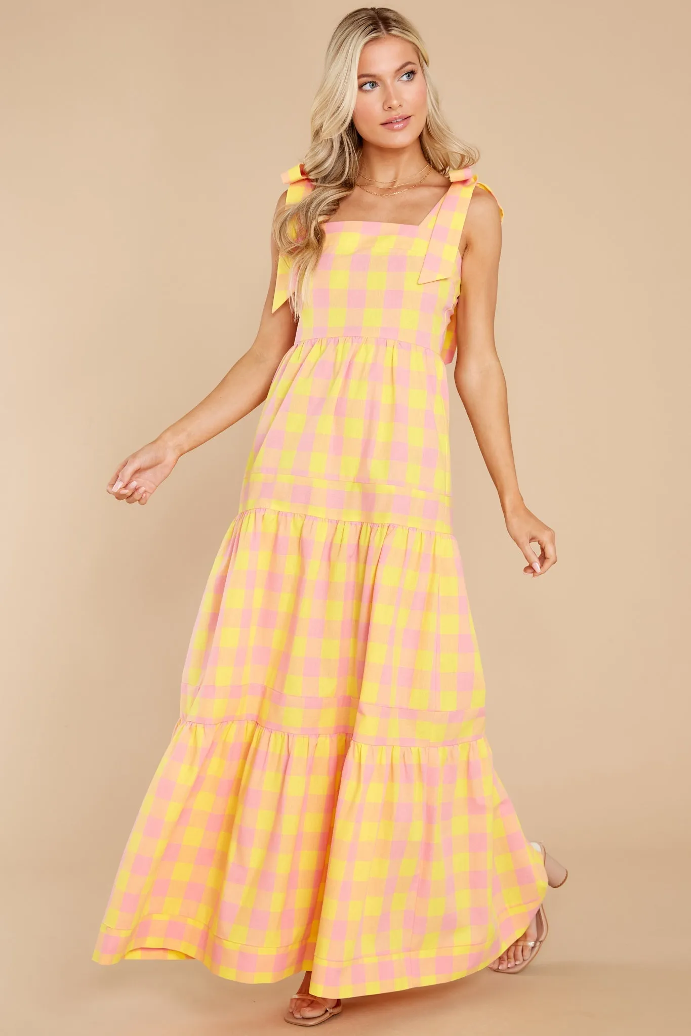 Sunny Strolls Yellow And Pink Gingham Maxi Dress