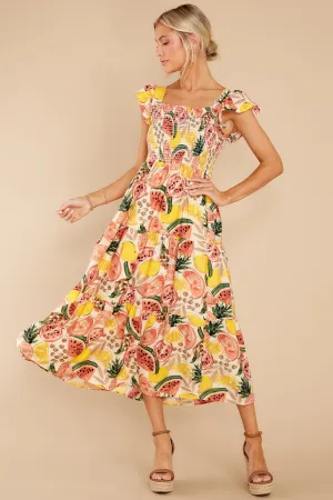 Tuttie Fruitti Coral Multi Print Midi Dress