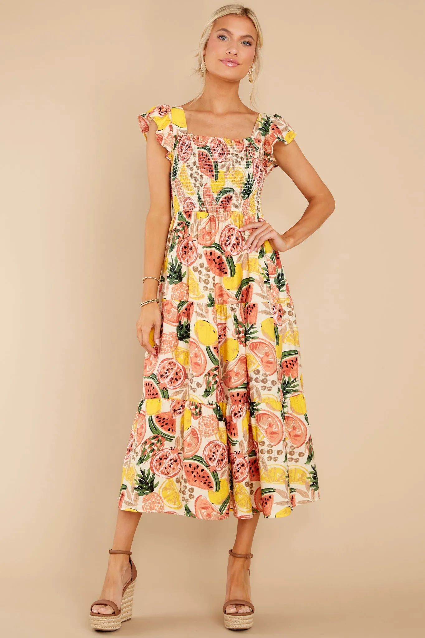 Tuttie Fruitti Coral Multi Print Midi Dress