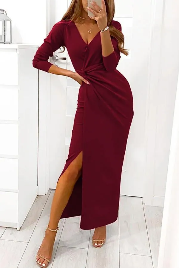 Twist V Necl Slit Maxi Dress